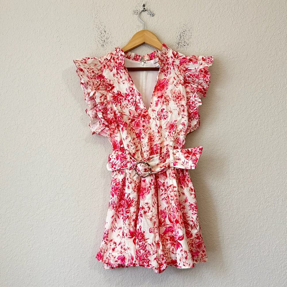 LAVENDER BROWN Romper Pink Floral Ruffle Flutter Sleeve Belted Babydoll